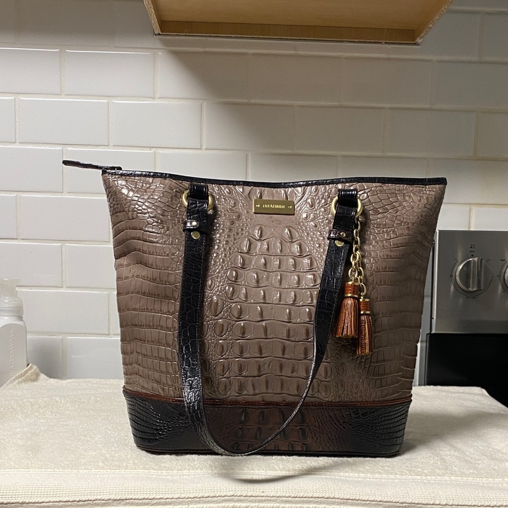 Brahmin Tan and Black Croc-Embossed Tote